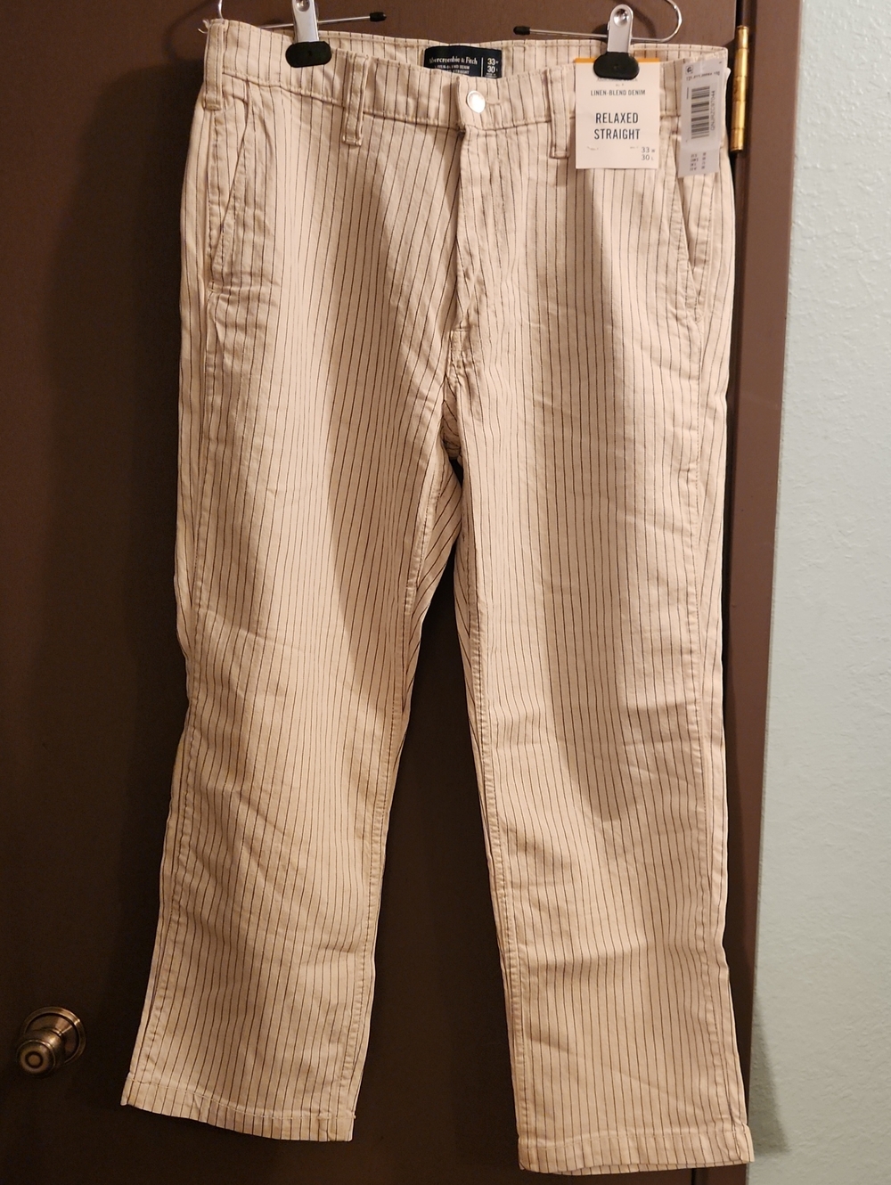 Abercrombie & Fitch Men’s Pants Cream with Grey Pinstripes-Linen Blend Denim
